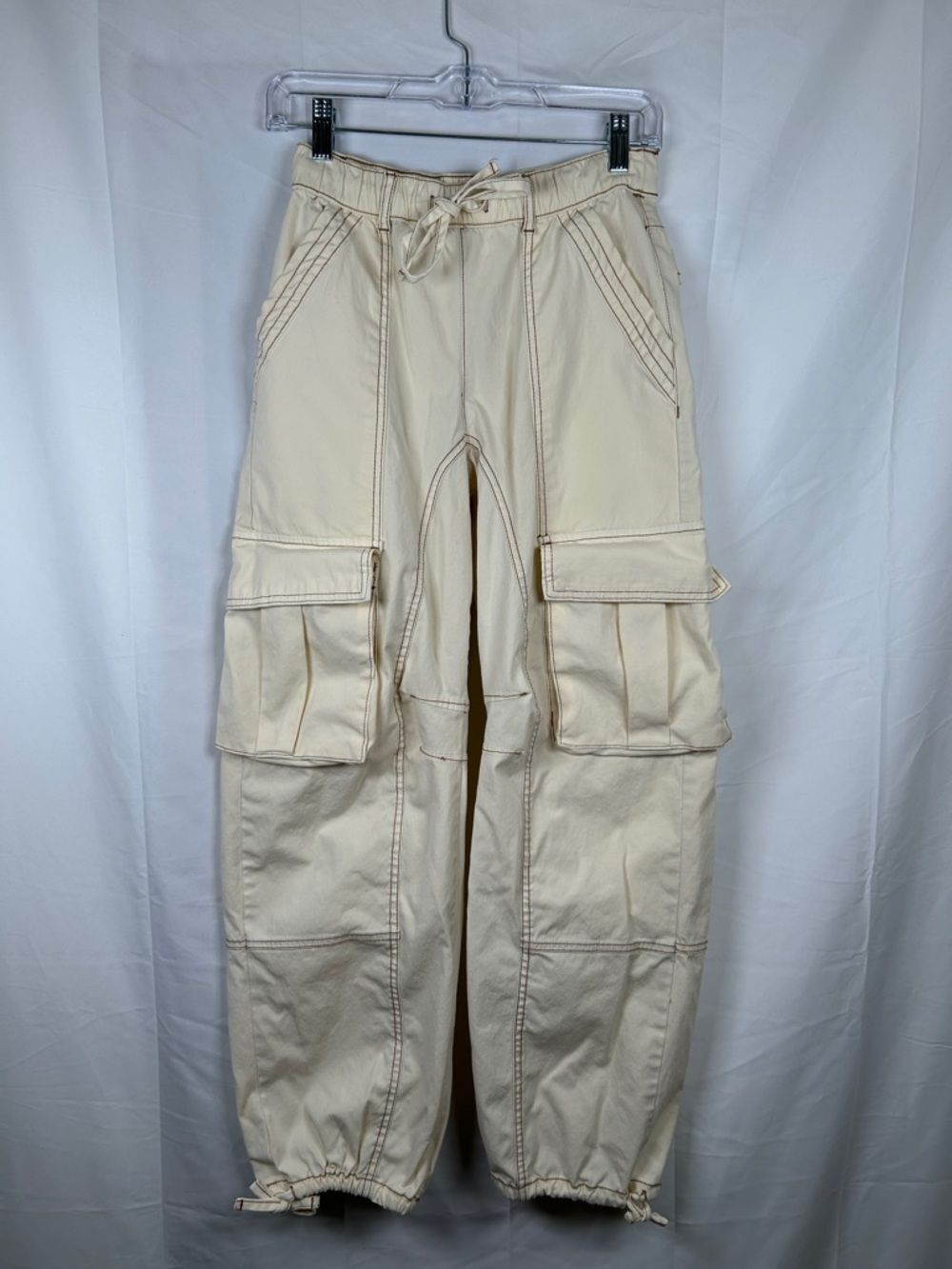 Zara Cargo Pants Women’s Size 0 Cream Pull On Drawstring Tie Hem Utility